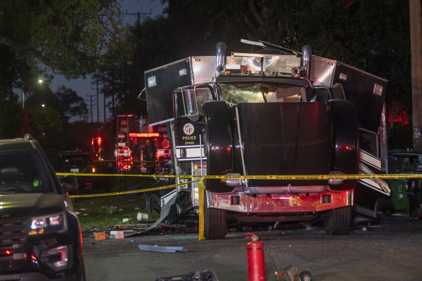 The wreckage of a bomb squad truck