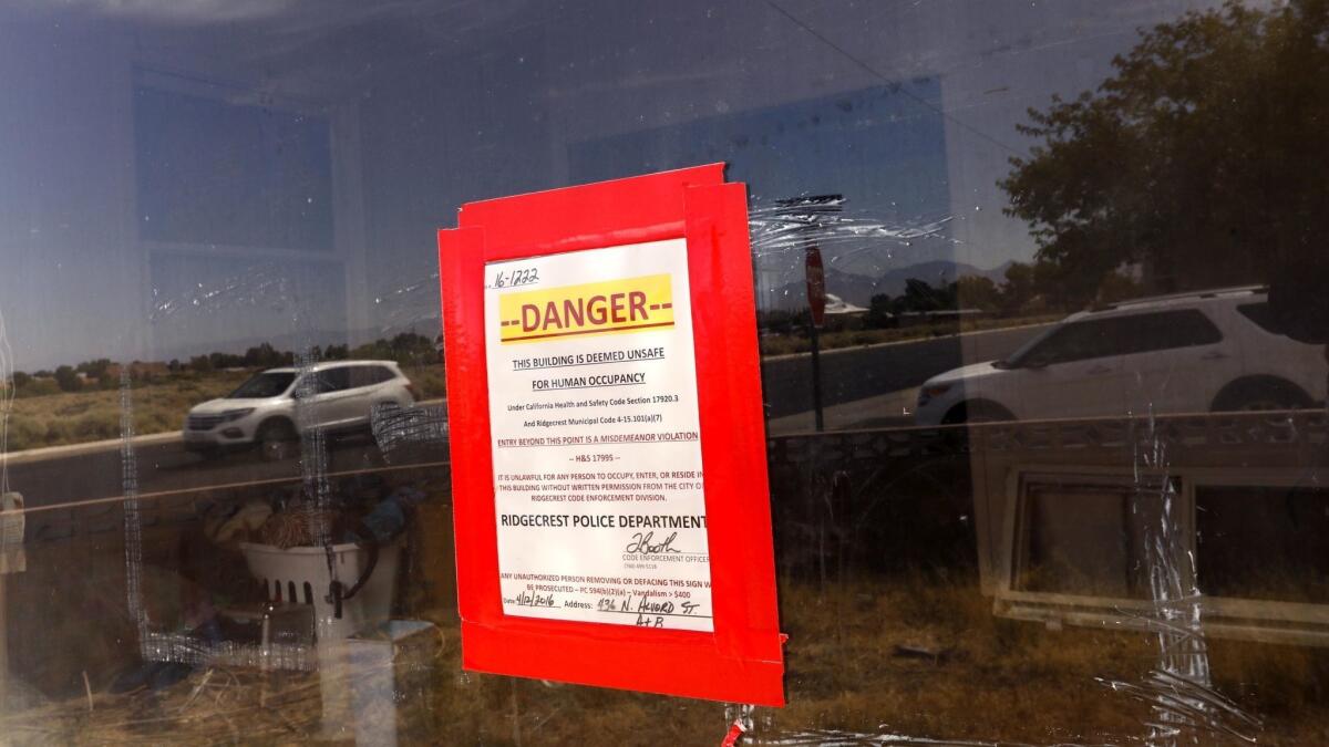 After last week's back-to-back earthquakes, a damaged home in Ridgecrest, Calif., was red-tagged and deemed unsafe this week by the Ridgecrest Police Department.