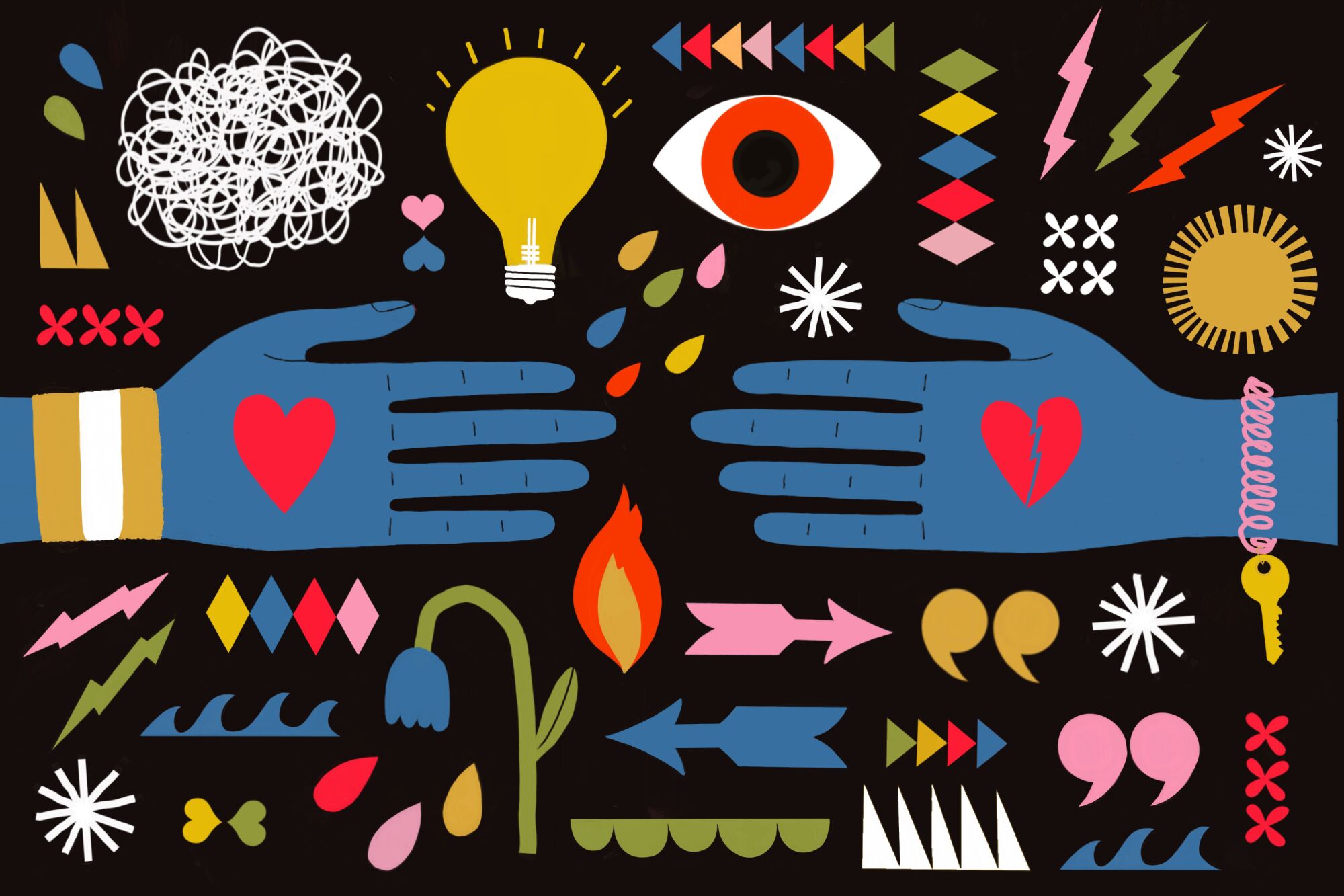 A hand decorated with a heart reaches toward a hand with a broken heart. Symbols that represent feelings surround them.