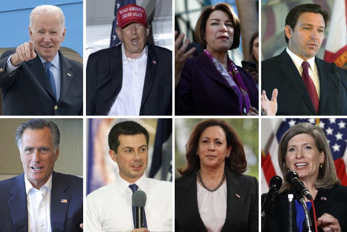  Joe Biden, Donald Trump, Amy Klobuchar, Ron DeSantis, Mitt Romney, Pete Buttigieg, Kamala Harris and Joni Ernst.