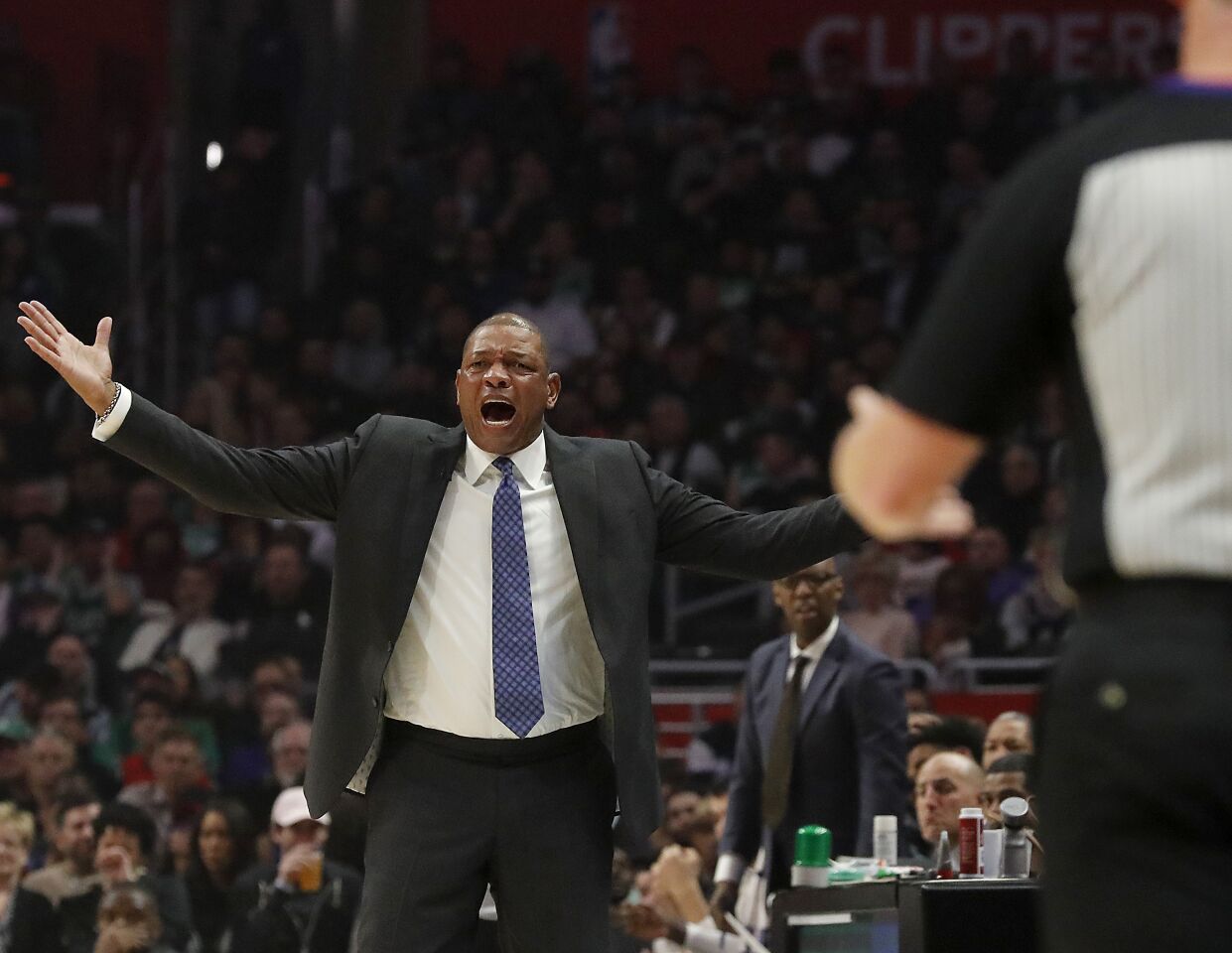 Clippers coach Doc Rivers reacts to the officials during a game against the Celtics on Nov. 21 at Staples Center.