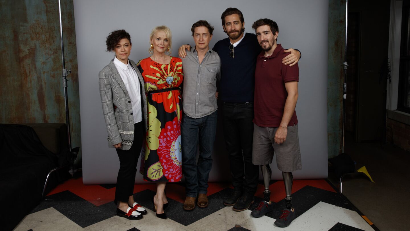 Tatiana Maslany, Miranda Richardson, David Gordon Green, Jake Gyllenhaal and Jeff Bauman, from the film "Stronger."