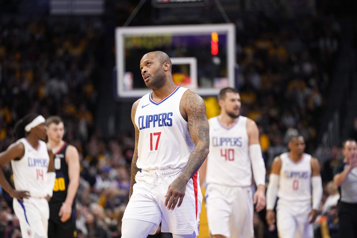 Los Angeles Clippers forward P.J. Tucker reacts during the first half of the team's NBA.