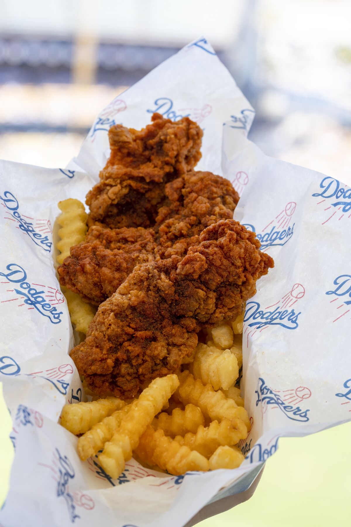 Nashville Hot Chicken tenders located in the field section at Sweet Chick at Dodger Stadium.