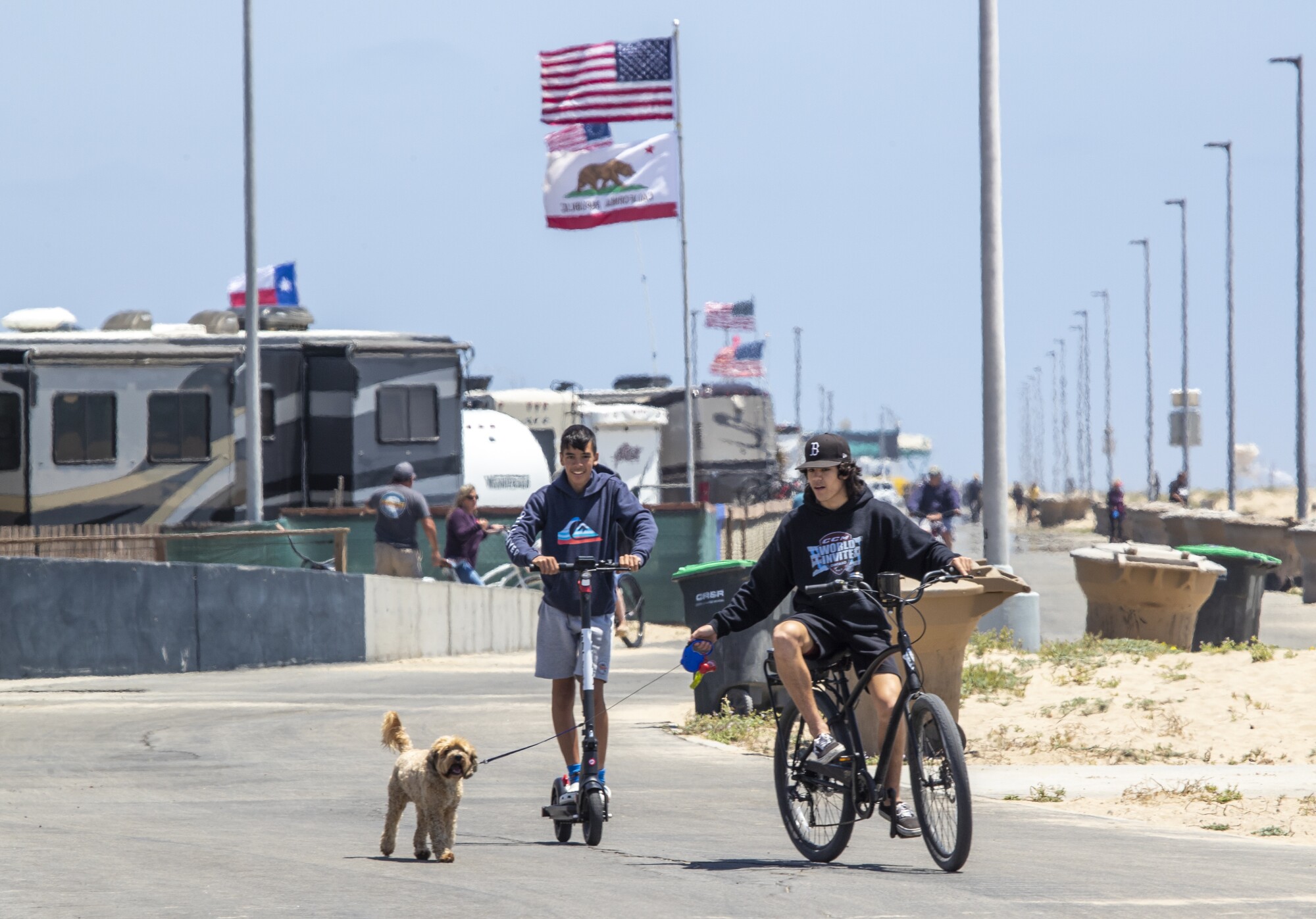 Memorial Day visitors take their dog for a rolling walk at Bolsa Chica State Beach.
