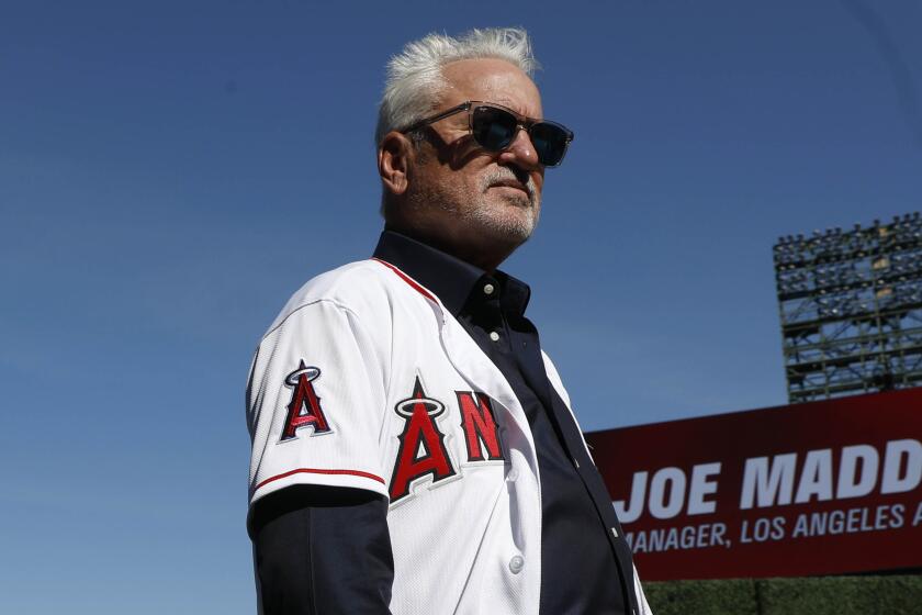ANAHEIM, CALIF. -- THURSDAY, OCTOBER 24, 2019: The Los Angeles Angels of Anaheim introduce Joe Maddon as latest manager at a press conference held at Angel Stadium in Anaheim, Calif., on Oct. 24, 2019. (Gary Coronado / Los Angeles Times)