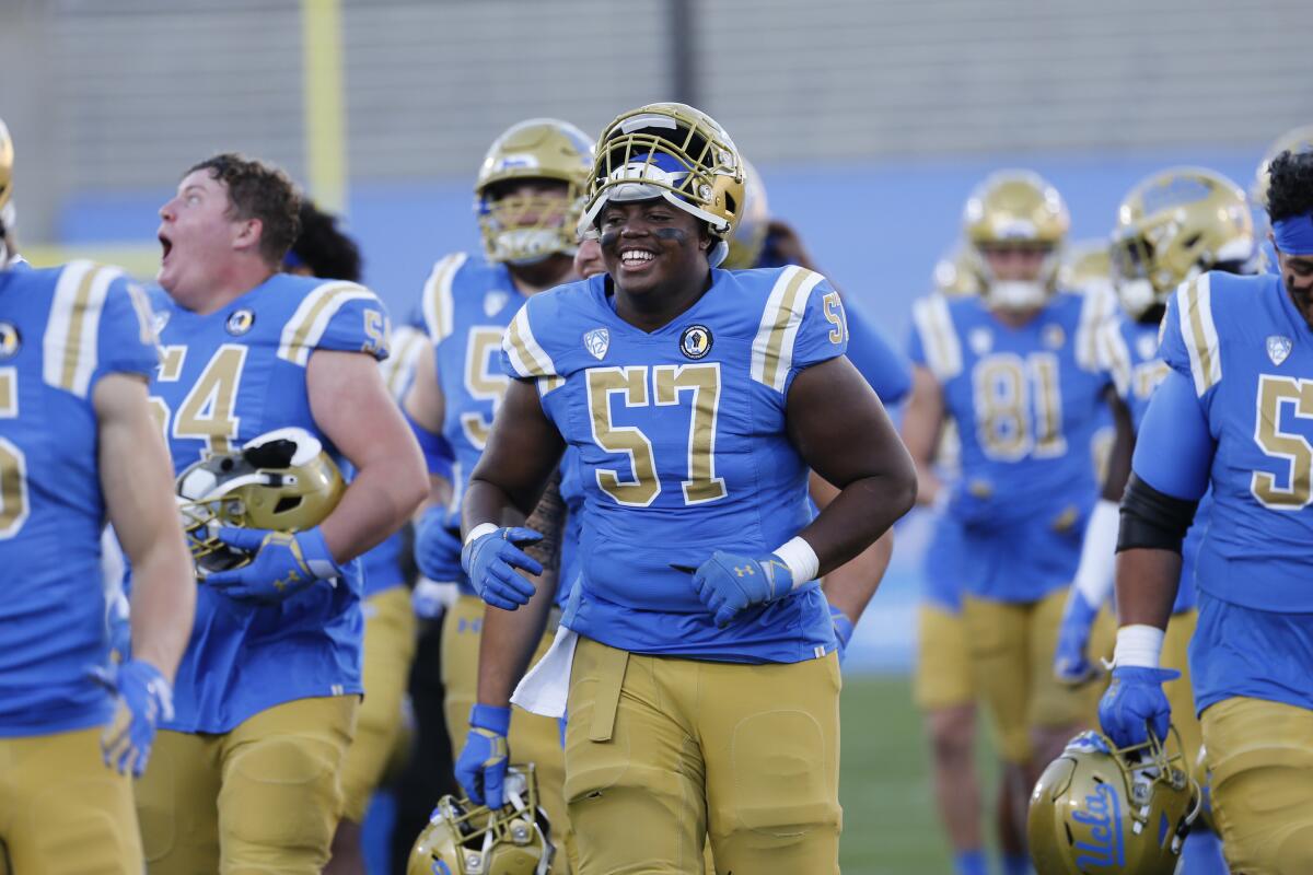 UCLA offensive lineman Jon Gaines II walks off the field before a game against Stanford.