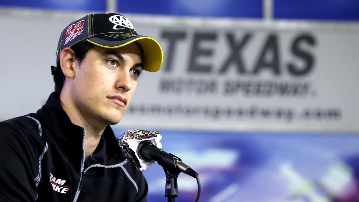 Joey Logano listens to a question during a news conference before practice at Texas Motor Speedway on Friday.