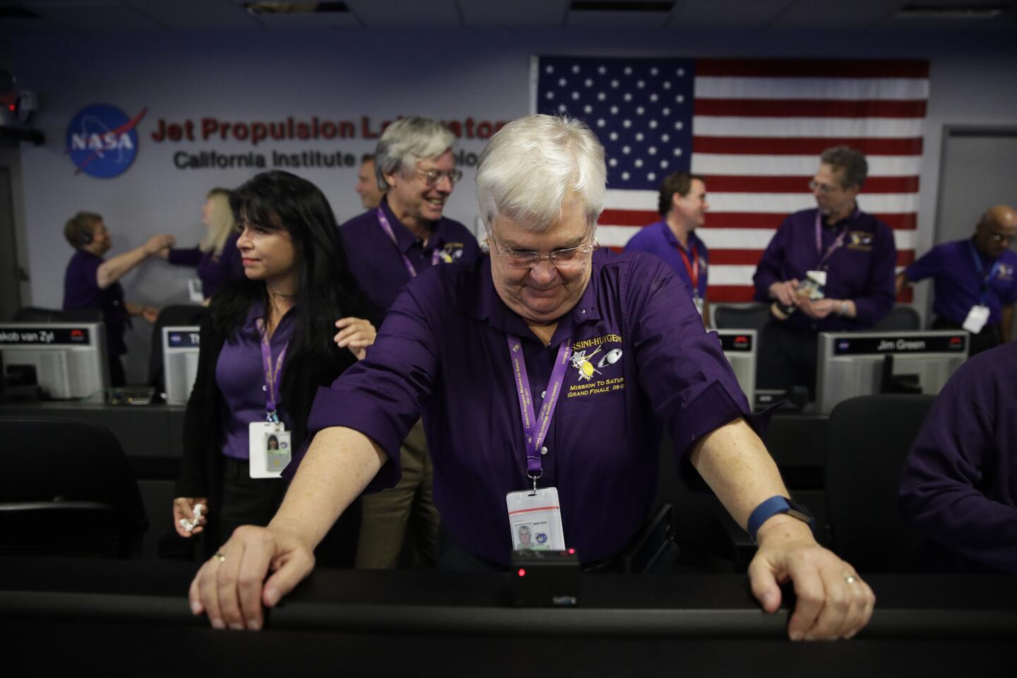 Flight director Julie Webster gets emotional in Mission Control at NASA's Jet Propulsion Laboratory after confirmation of Cassini's demise.