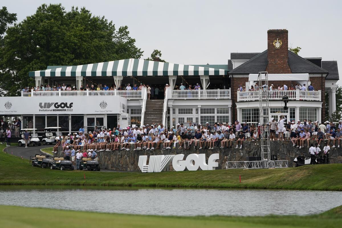 Fans watch the final round of the Bedminster Invitational LIV Golf tournament.