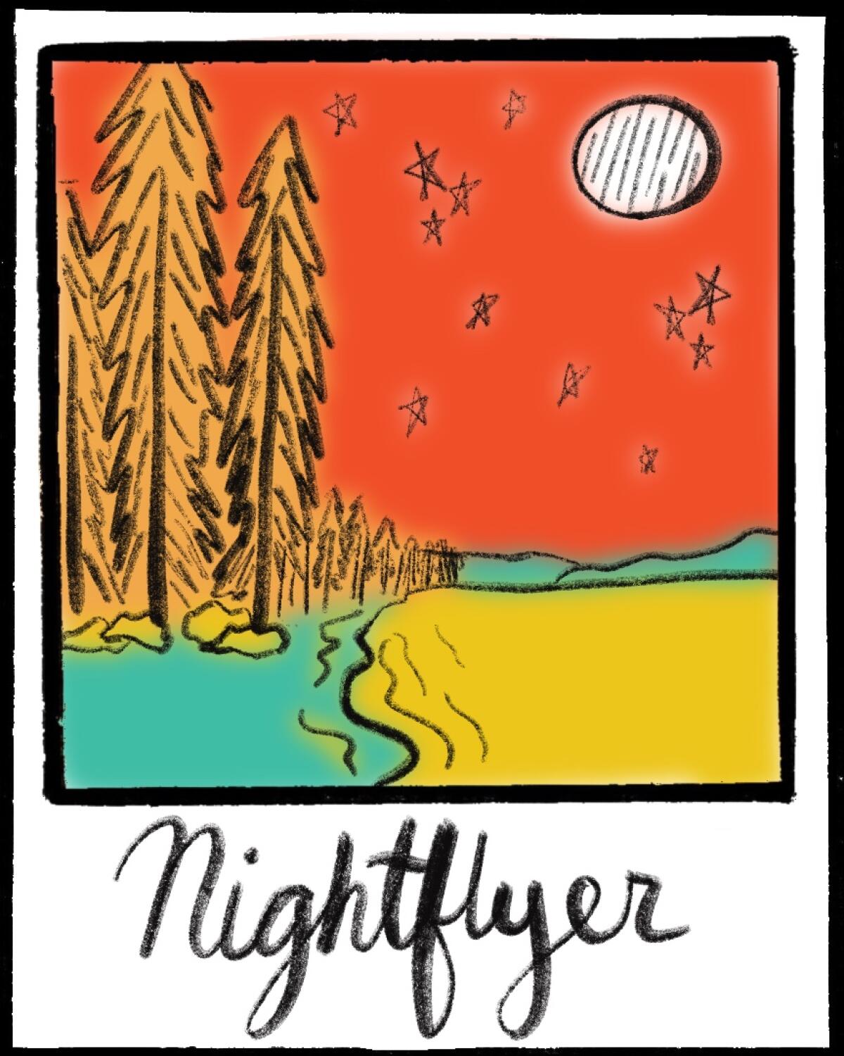 Illustration that looks like a Polaroid photo of a view on a Lake Tahoe beach, with the word "Nightflyer"