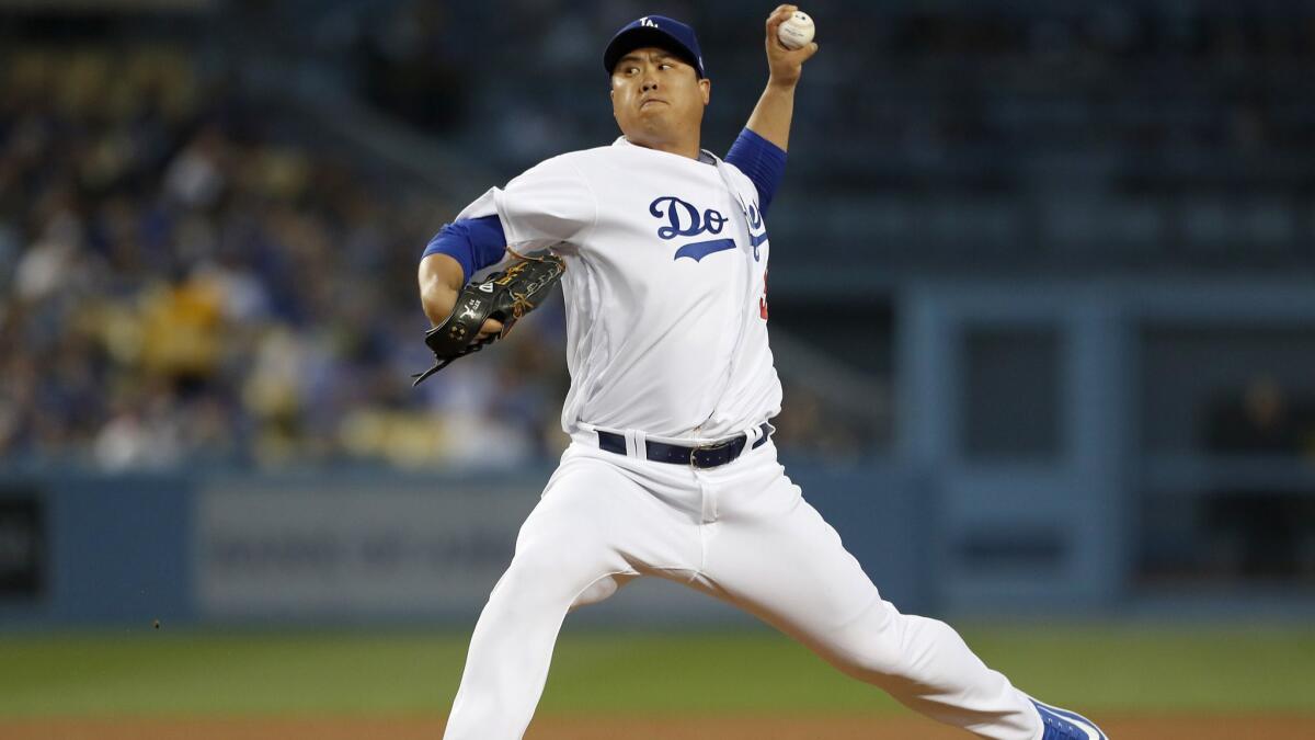 Dodgers pitcher Hyun-Jin Ryu delivers a pitch against the New York Mets in the second inning on Thursday at Dodger Stadium.