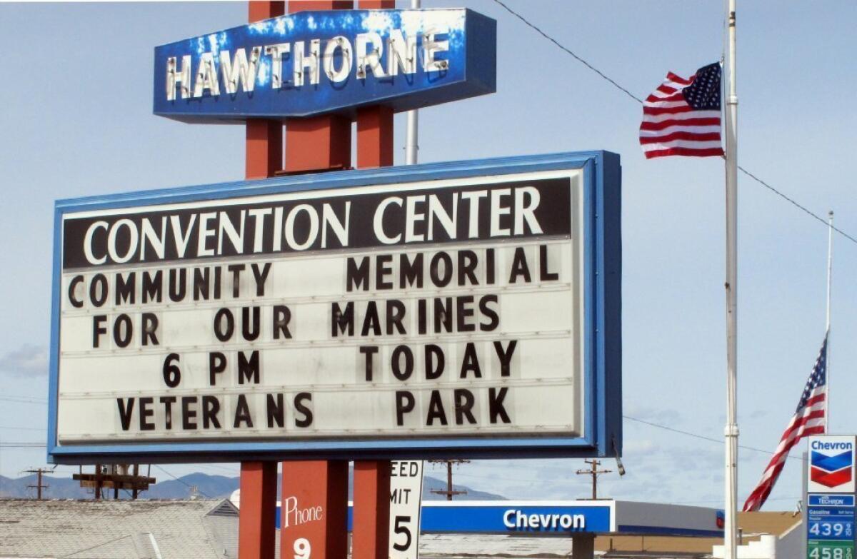 A sign at the Convention Center in Hawthorne, Nev., announces a memorial service for seven Marines killed at the Hawthorne Army Depot in a training accident.