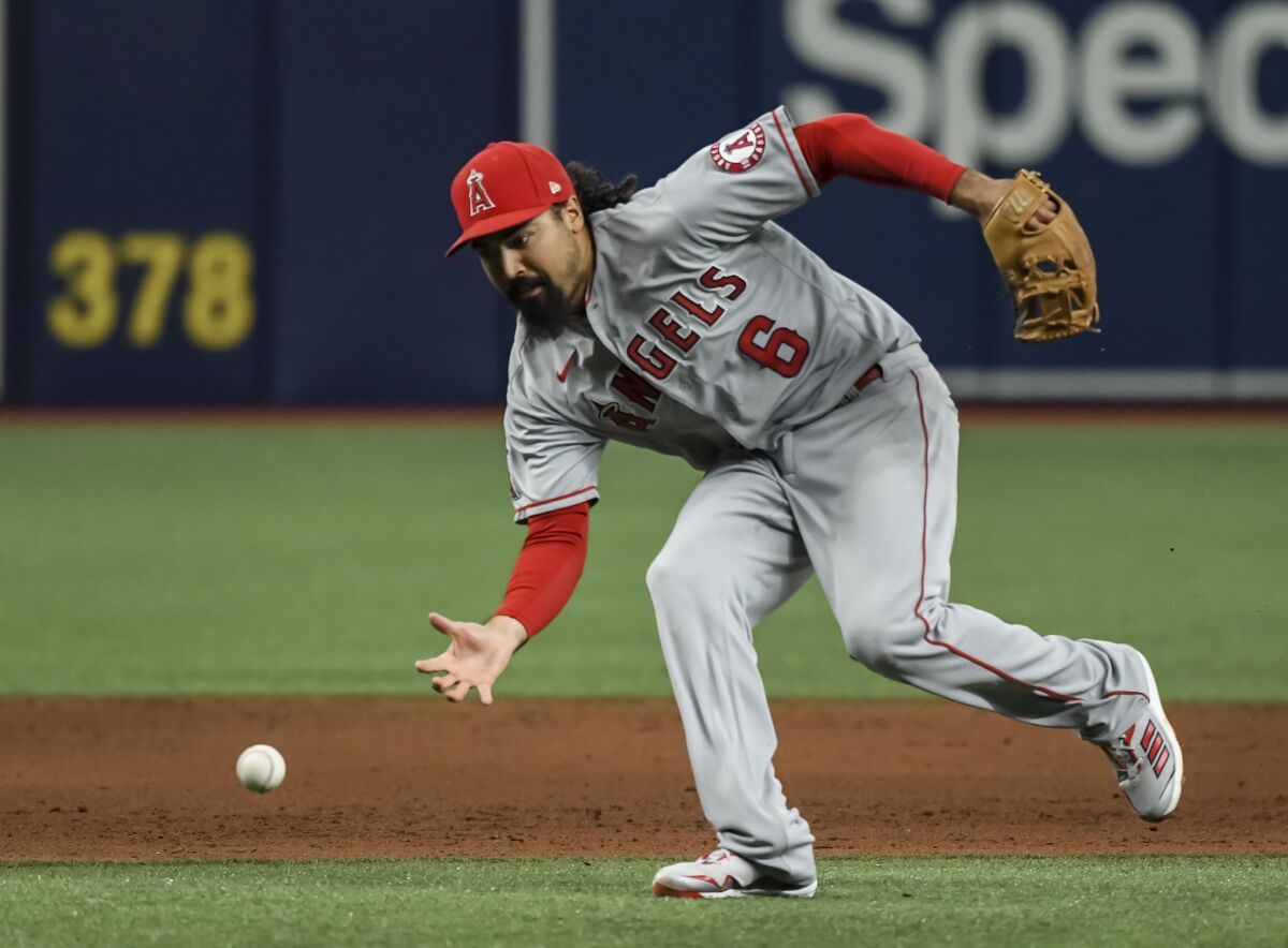 Angels third baseman Anthony Rendon reaches for a ball hit by Tampa Bay's Kevin Kiermaier.