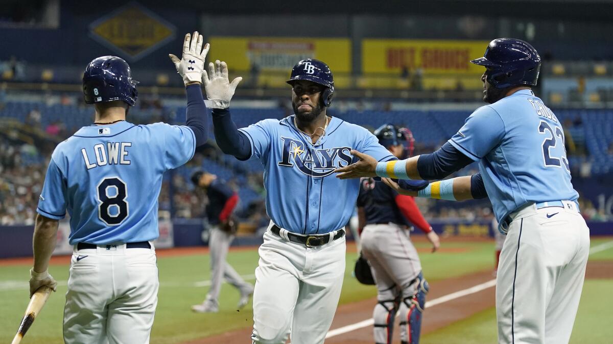 Wander Franco of the Tampa Bay Rays hits a foul in the third