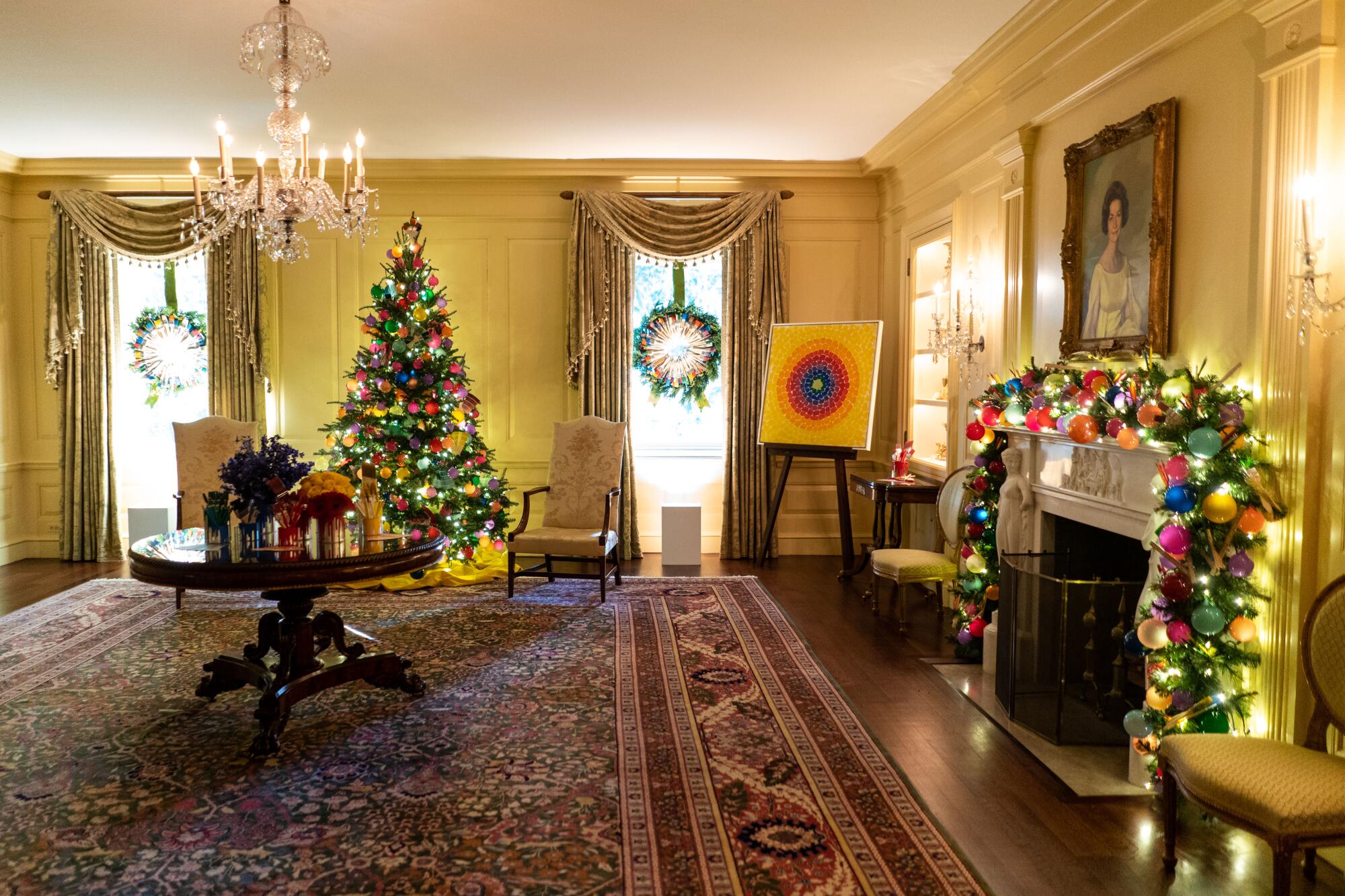 Christmas decorations adorn the Vermeil Room of the White House.