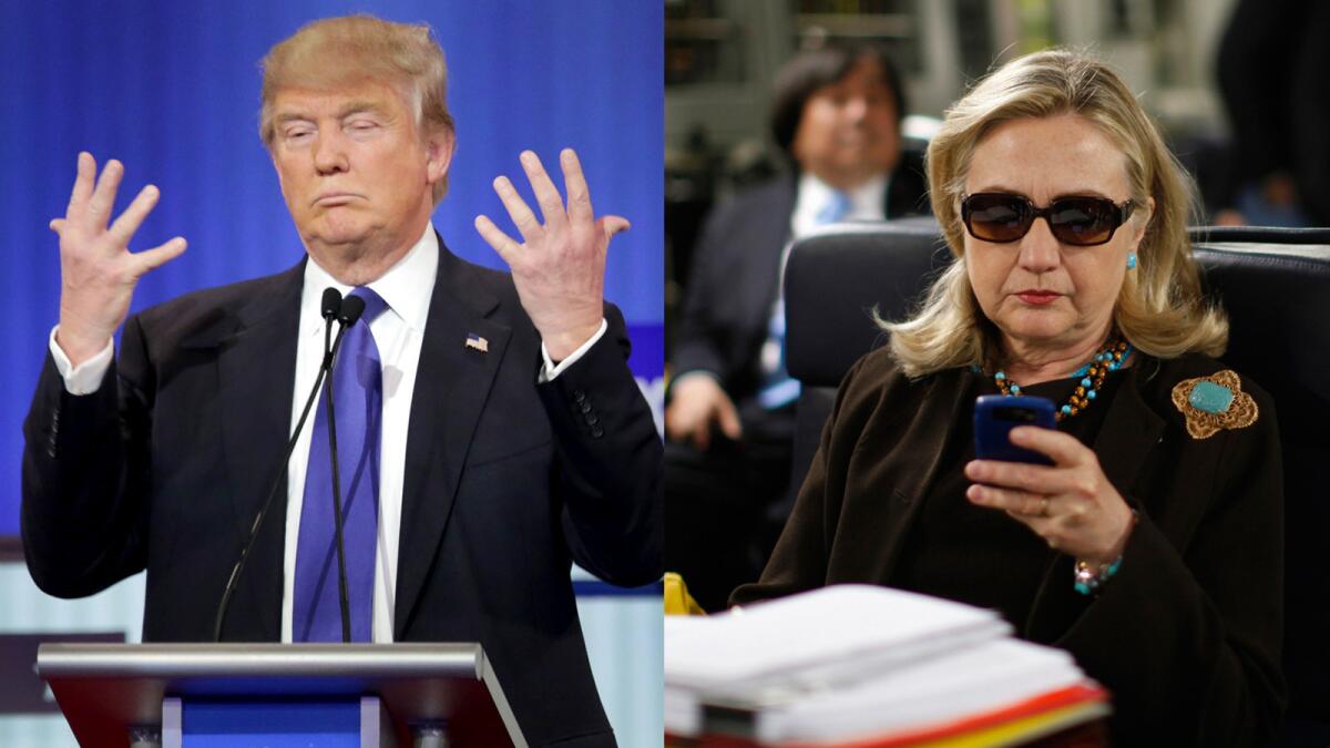 Donald Trump displaying his hands and Hillary Clinton checking email — popular material for memes.