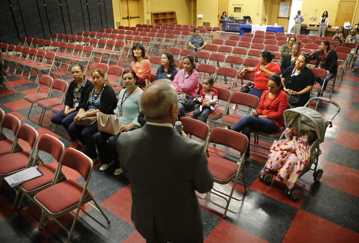 Joe Farley, an associate with HYA Executive Search, asks just over a dozen parents at White Middle School in Carson what they wanted from the next LAUSD superintendent.