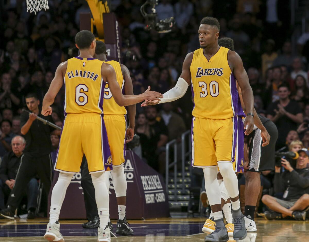 Lakers forward Julius Randle (30) and guard Jordan Clarkson (6) in a game against the San Antonio Spurs on Nov. 18.