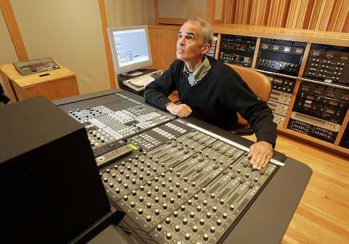 Mike Ogletree, the former drummer for the '80s rock group Simple Minds, mixes music with a voice recording at Golden Era Productions. The facilities include two voice restoration studios, where staffers work around the clock restoring the churchs archive of Hubbards 3,000 public lectures that date to the 1950s.