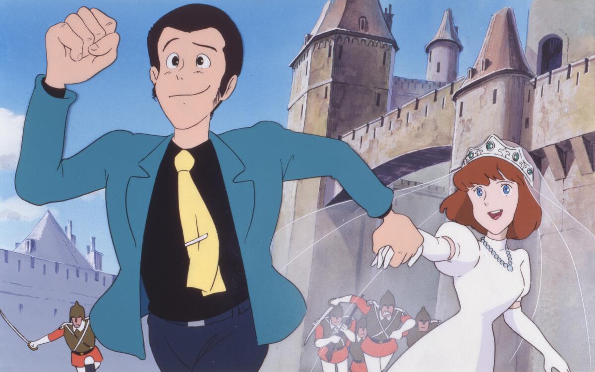 A animated man running and pulling a young woman after him by hand while being chased