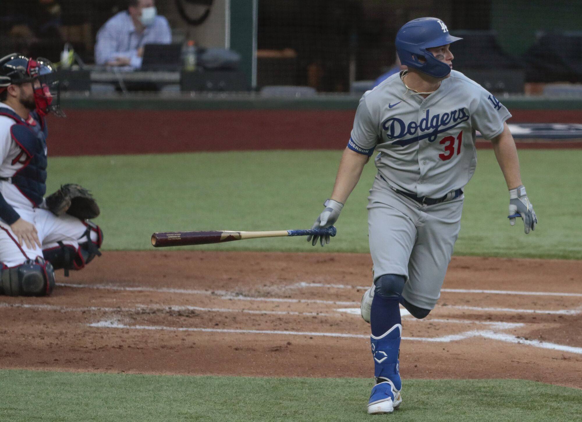 Dodgers left fielder Joc Pederson hits a three-run home run in Game 3 of the NLCS against the Atlanta Braves.