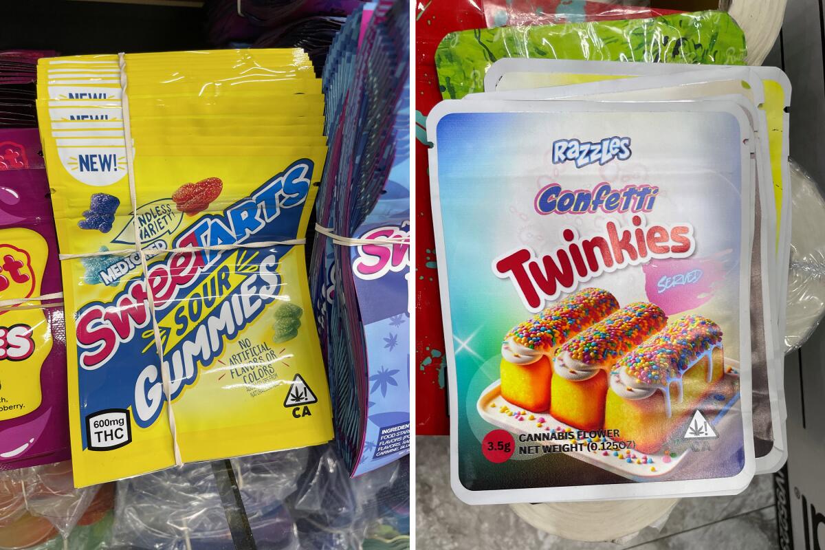 Illegal cannabis packages designed to look like candy wrappers.