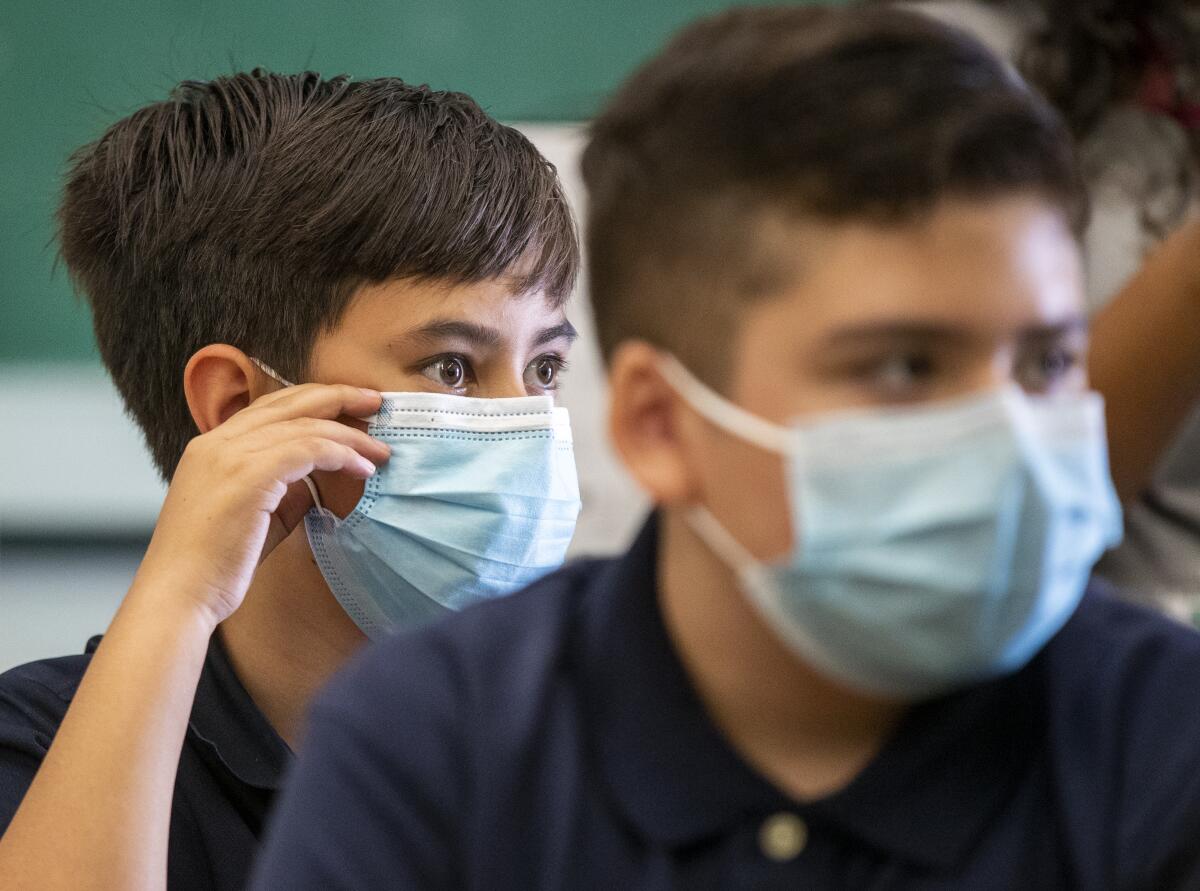 Students in face masks in class.