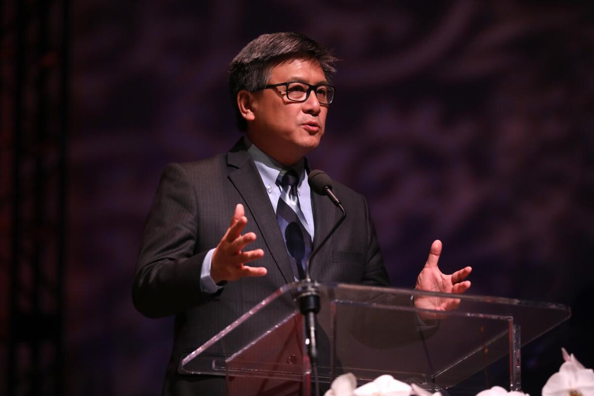 John Chiang speaks to the congregation at Agape International Spiritual Center in Culver City on Wednesday night.