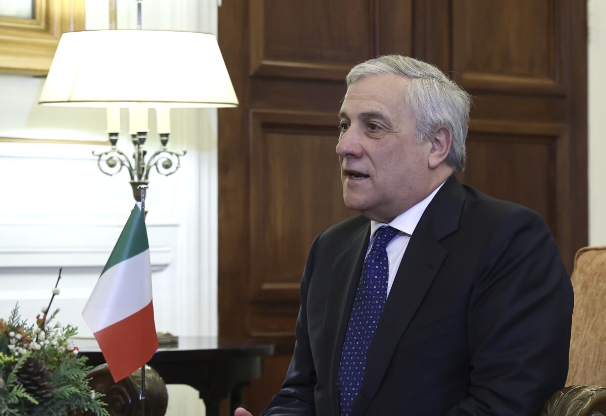 Italian Foreign Minister Antonio Tajani speaks during his meeting with his Greek counterpart Nikos Dendias, in Athens, on Friday, Dec. 2, 2022.(John Liakos/InTime News via AP)