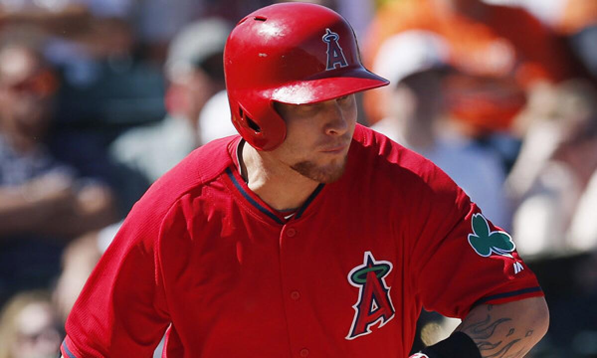 Angels outfielder Josh Hamilton hits a single in an exhibition win over the San Francisco Giants on March 17. Hamilton hit a run-scoring double in Monday's 11-4 Cactus League victory over the Giants.