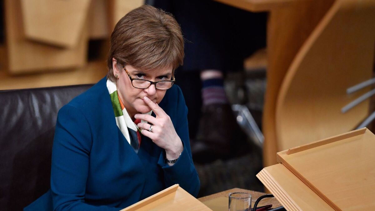 First Minister Nicola Sturgeon attends the debate about keeping Scotland in the European single market at the Scottish Parliament in Edinburgh on Jan. 17, 2016.