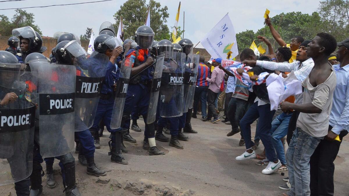 Demonstrators in Goma protest Oct. 19 against an agreement between Congo's government and a section of the opposition that allows President Joseph Kabila to remain in office beyond his constitutional term.