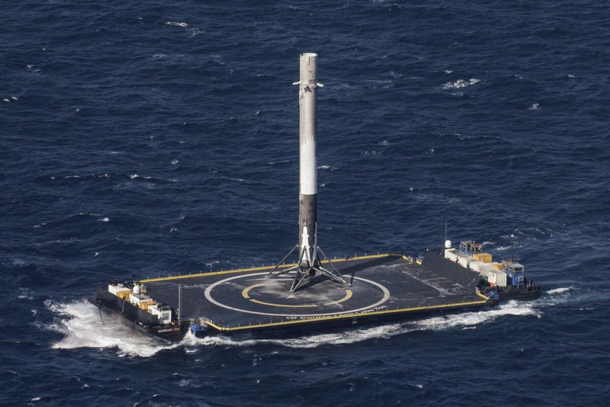 The main-stage booster of a SpaceX Falcon 9 rocket successfully landed on a platform at sea in the Atlantic Ocean on April 9, 2016. (SpaceX)
