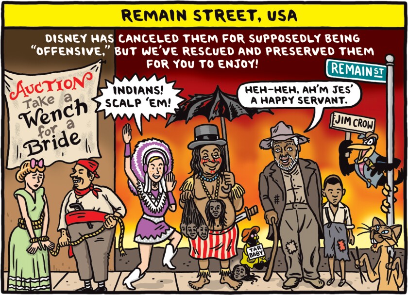 Comic shows a pirate and a wench, a woman in headdress, a shirtless man holding shrunken heads, a Black man and a child. 