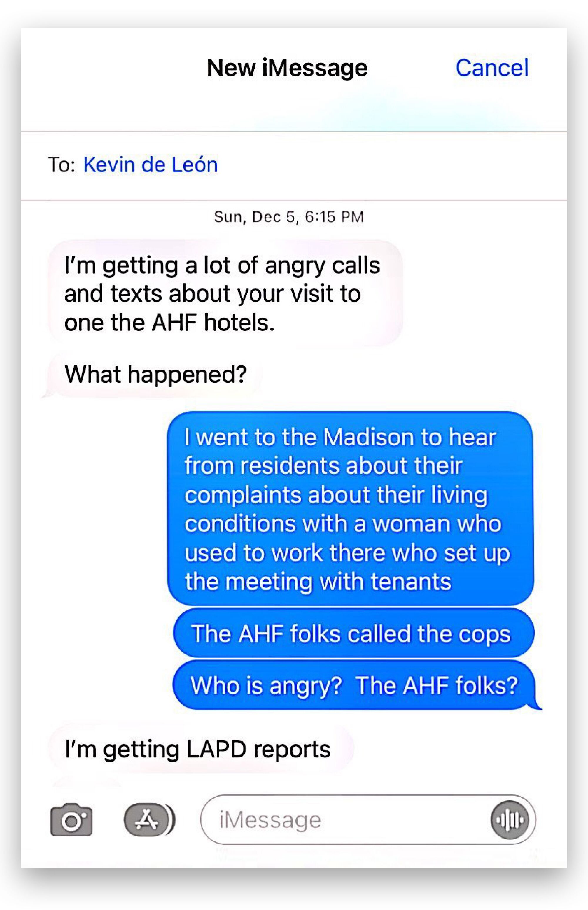 Text message screenshots. "I'm getting a lot of angry calls and texts." "Who is angry. AHF folks?" "I'm getting LAPD reports"