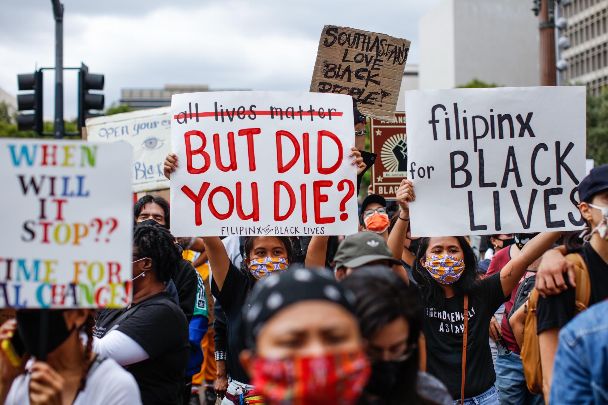 A crowd gathered to protest the death of George Floyd and in support of Black Lives Matter, in downtown Los Angeles, June 5. 