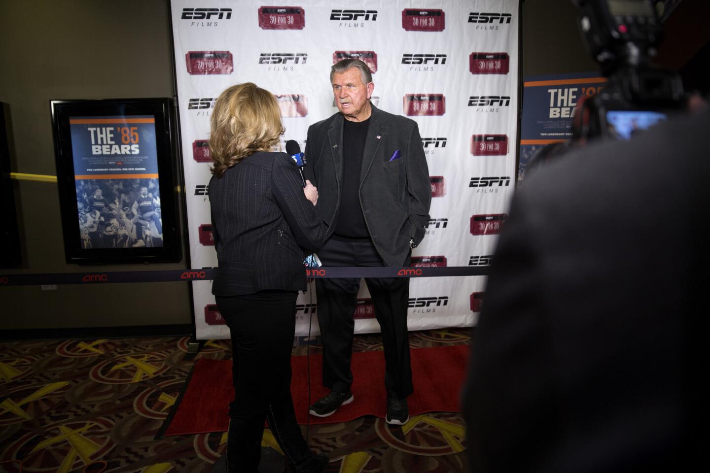 Former Bears coach Mike Ditka speaks to media at an advanced screening of "The '85 Bears" documentary about the Super Bowl XX champions on Jan. 27, 2016, at the AMC River East 21 in Chicago. This year marks the 30th anniversary of the Bears' win.