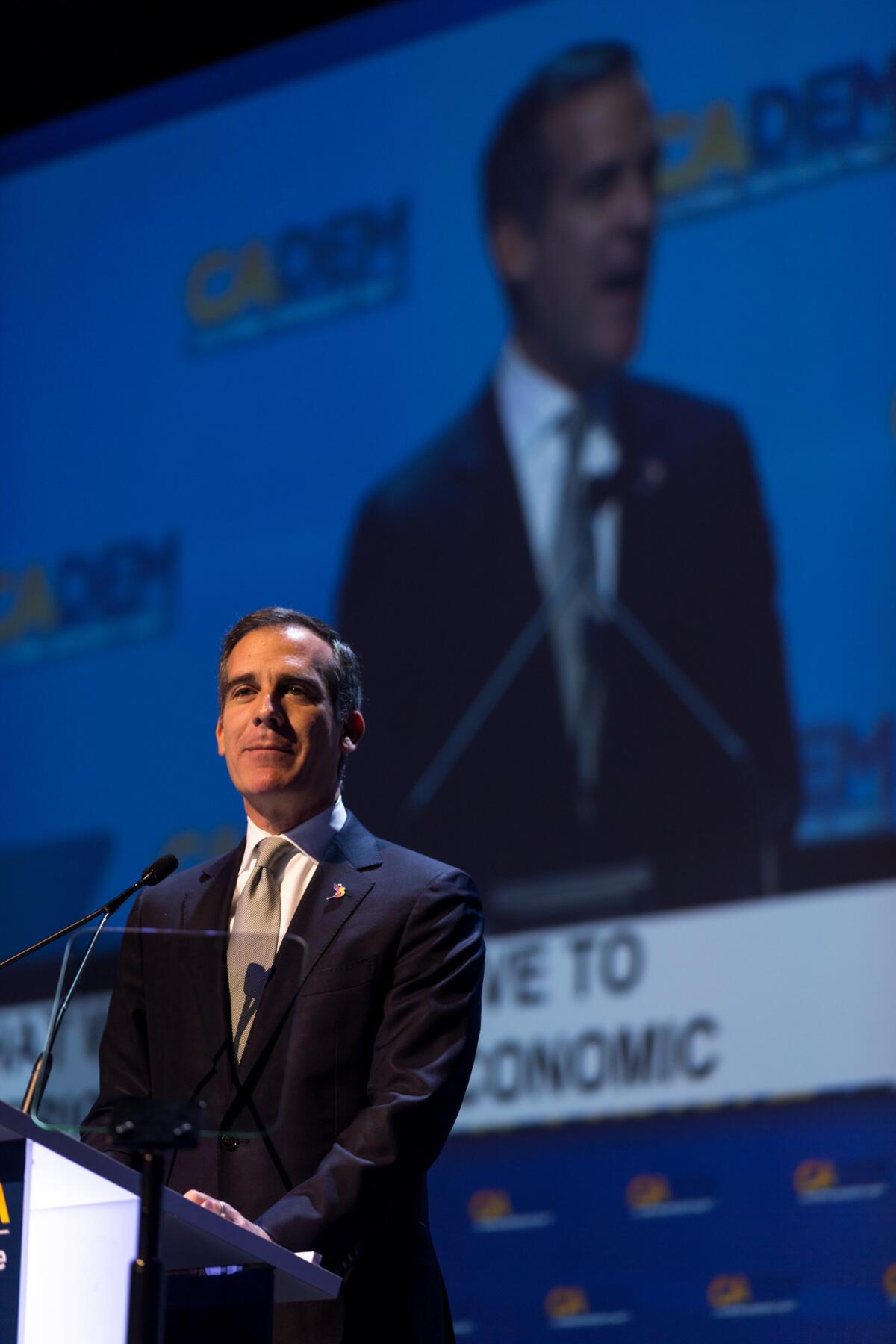 Los Angeles Mayor Eric Garcetti speaking at the California Democratic Party convention in San Diego Saturday.