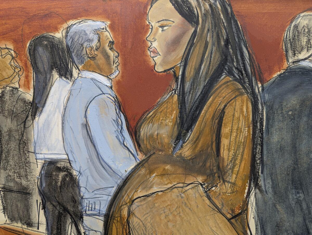 A courtroom illustration depicts a pregnant woman with long dark hair, in a brown dress, walking past other people