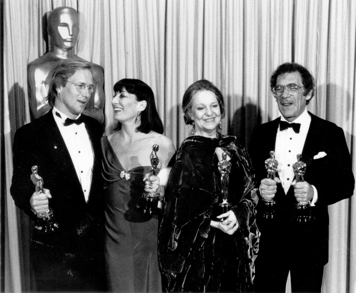 In 1986, Anjelica Huston won the Oscar for supporting actress for her role in the film "Prizzi's Honor." Huston is shown with fellow Academy Award winners William Hurt, left, Geraldine Page and Sydney Pollack.