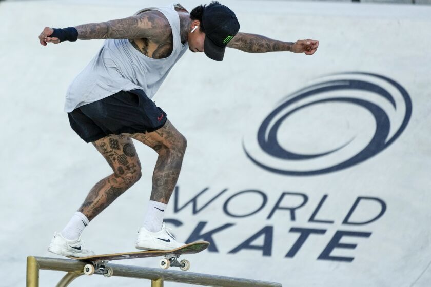 Nyjah Huston of the United States competes in the Street Skateboarding World Championships, a qualifying event for Tokyo Olympic Games, in Rome, Thursday, June 3, 2021. (AP Photo/Andrew Medichini)