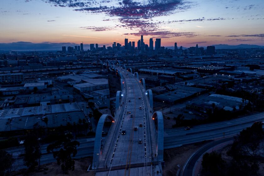 Los Angeles, CA - July 27: The new 6th Street Bridge has been closed intermittently since opening due to street racing and other illegal activity on Wednesday, July 27, 2022 in Los Angeles, CA. (Brian van der Brug / Los Angeles Times)