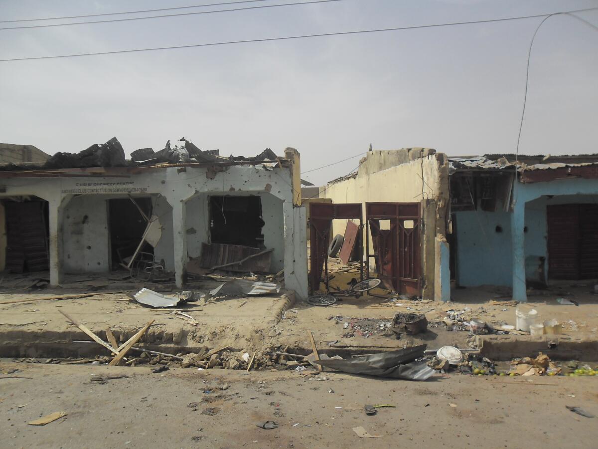 Buildings show damage following an explosion at a World cup viewing center in Damaturu, Nigeria.
