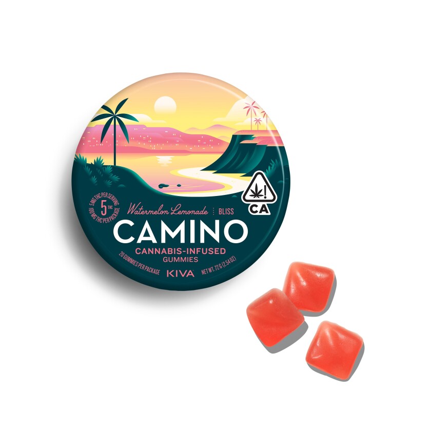A round tin decorated with a cityscape next two three red gummies