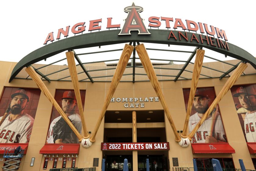 ANAHEIM, CA - MAY 23, 2022 - - The main entrance to Angel Stadium in Anaheim on May 23, 2022. Facing community pressure to delay or cancel the Angel Stadium sale amid a corruption investigation into Anaheim Mayor Harry Sidhu, the Angels on Friday gave the Anaheim City Council 25 days to grant final approval to the deal. (Genaro Molina / Los Angeles Times)