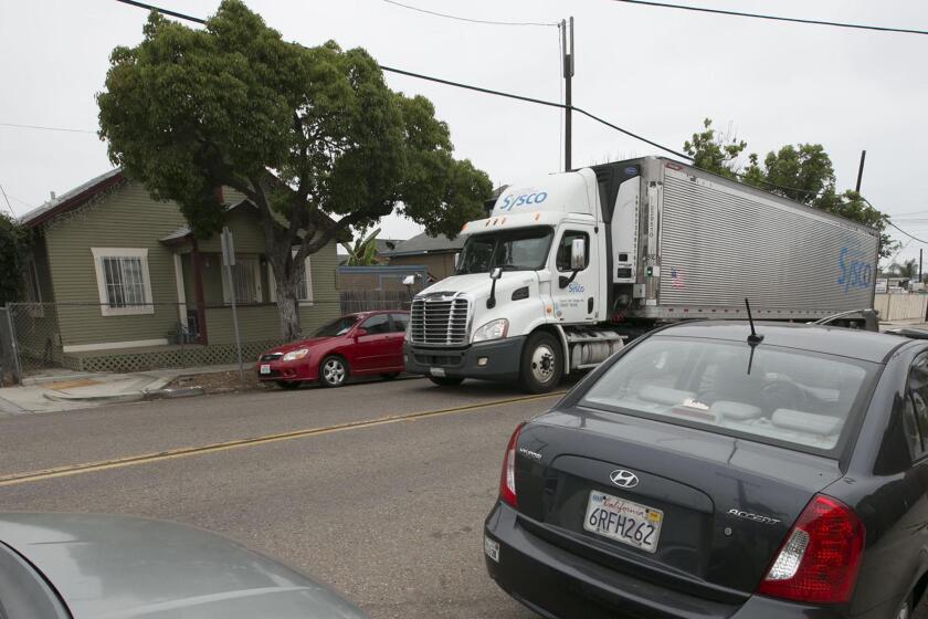 An 18 wheeler made it's way down 26th street in the Barrio Logan neighborhood of San Diego on Wednesday, August 27 , 2019 despite the fact that it is posted for no truck traffic over 5 tons allowed.
