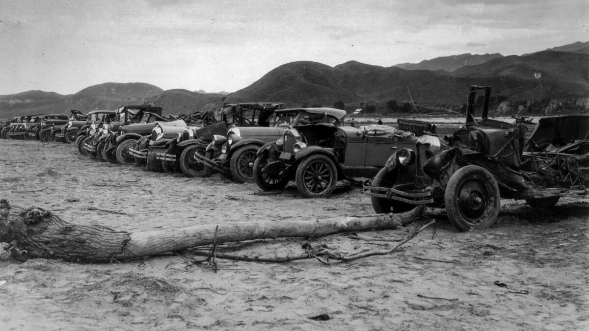 April 1928: Thirty-five automobiles belonging to employees were recovered at Power House No. 2. This photo was published in the April 5, 1928, Los Angeles Times.