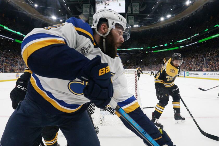 BOSTON, MASSACHUSETTS - MAY 29: Pat Maroon #7 of the St. Louis Blues skates against the Boston Bruins during the first period in Game Two of the 2019 NHL Stanley Cup Final at TD Garden on May 29, 2019 in Boston, Massachusetts. (Photo by Patrick Smith/Getty Images) ** OUTS - ELSENT, FPG, CM - OUTS * NM, PH, VA if sourced by CT, LA or MoD **