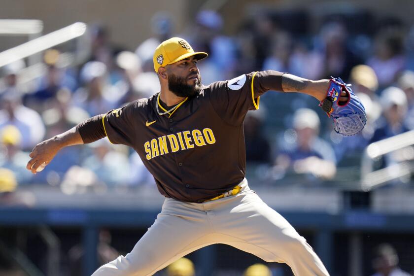 FILE - San Diego Padres starting pitcher Pedro Avila throws against the Arizona Diamondbacks during the first inning of a spring training baseball game Tuesday, March 5, 2024, in Scottsdale, Ariz. The Cleveland Guardians acquired right-hander Pedro Avila from the Padres on Wednesday, April 17, 2024, for cash. (AP Photo/Ross D. Franklin, File)